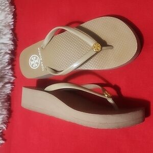 Tory Burch Wedge Tan Flip Flops with Gold Accents